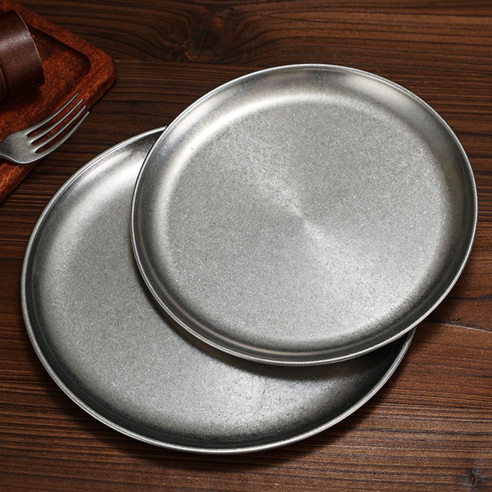 [Elegan] Disc Silver Shallow Stainless Steel Piring Kue Restoran Steak Dish Hold Food Kitchen Piring Rumah