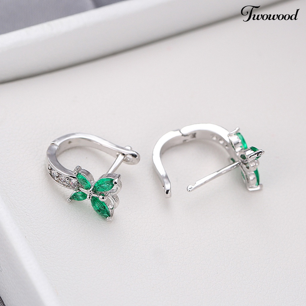 Twowood 1pasang Anting Hoop Vintage Pendek Gaya Pastoral Shiny Cubic Zirconia Hias Hadiah Valentine Wanita Butterfly Shaped Menjuntai Earrings Perhiasan Gadis