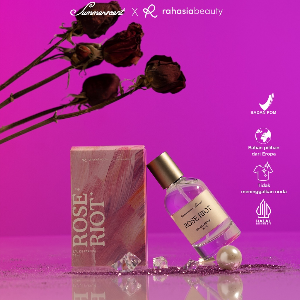 Summerscent Rahasia Beauty Eau De Perfume Parfume Parfum EDP Wanita Cewek Girly Segar Wangi Bunga Floral Tahan Lama Halal Rose Riot Violet Vibes Jasmine Joy 35ml