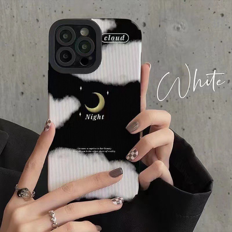 Black &amp; White Cloudy Moon Soft Case HP OPPO A91 F11 F9 Pro A3S A9 A5 A31 A53 A33 2020 A7 A5S A12 A11K A52 A92 A83 A55 A56 A55S A95 FTD Stripe Casing Realme C1 X XT Reno 2F 3 5 6 5G