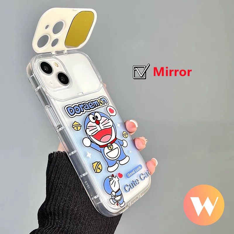 Kartun Kucing Lucu Doraemon Soft Case Kompatibel Untuk IPhone 7Plus 11 12 14 13 Pro Max XR 8 7 Plus X XS Max SE 2020 Flip Make Up Cermin Belakang Full Cover