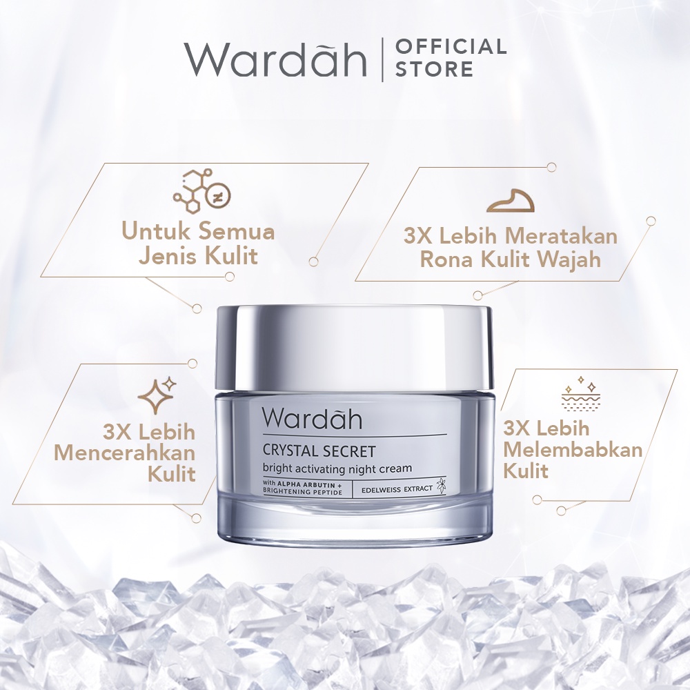 WARDAH Crystal Secret Bright Activating Night Cream Indonesia / Pelembab Wajah 9ml 15ml 30g / With Alpha Arbutin + Brightening Peptide Edelweiss Extract / Moisturizes &amp; Nourishes For Crystal Bright Skin / Skincare Face Care Series / Pagi Malam Day Krim