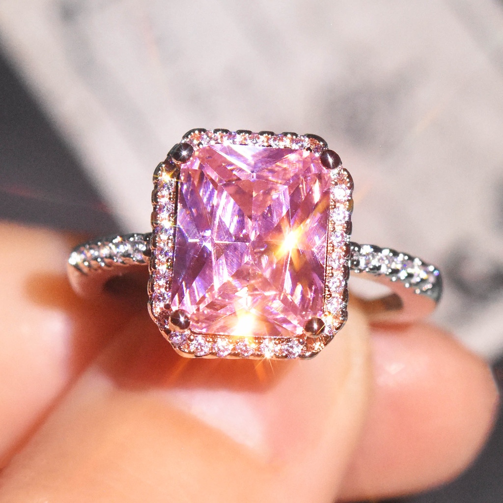 Goldkingdom Fashion Perhiasan Aksesoris Ready Stock Berlian Kuning Dua Warna Cincin Klasik Putri Square Pink Kristal Adjustable Engagement Ring Untuk Wanita