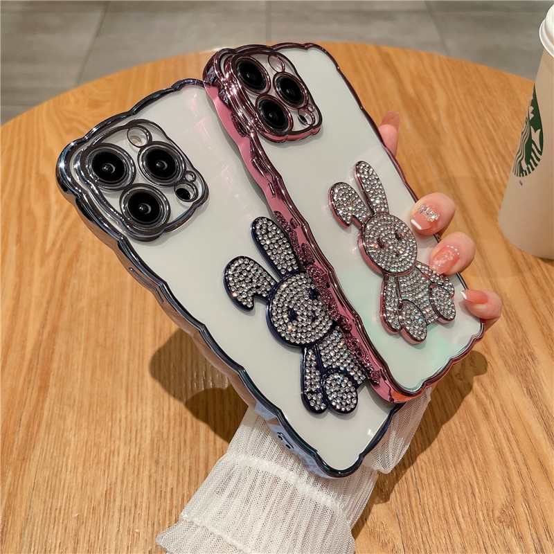 Luxury flash drill rabbit wavy border silicone soft shell phone case Kompatibel Untuk iphone7/8plus X XS XSMAX XR iphone7/8Sarung Penutup Belakang Tahan Guncangan