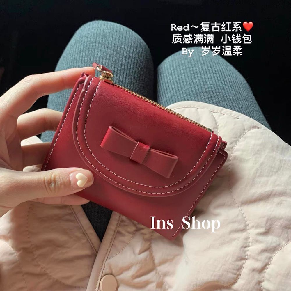 Sera Ins Shop cherry red cute mini bow purse simple ins style short wallet student card bag