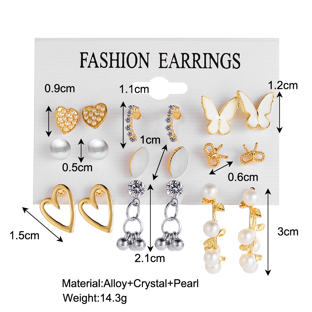 9pcs/set Anting Liontin Akrilik Daun Mutiara Imitasi Kreatif Untuk Gadis Berongga Cinta Hati Kupu-Kupu Pesta Perhiasan Elegan