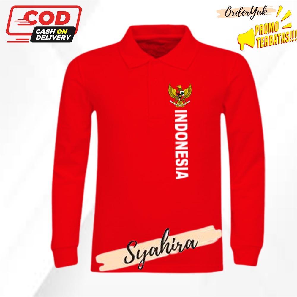 Baju Kaos Polo Berkerah Lengan Panjang Garuda Teks Indonesia Quality Baju Poloshirt Pria dan wanita 