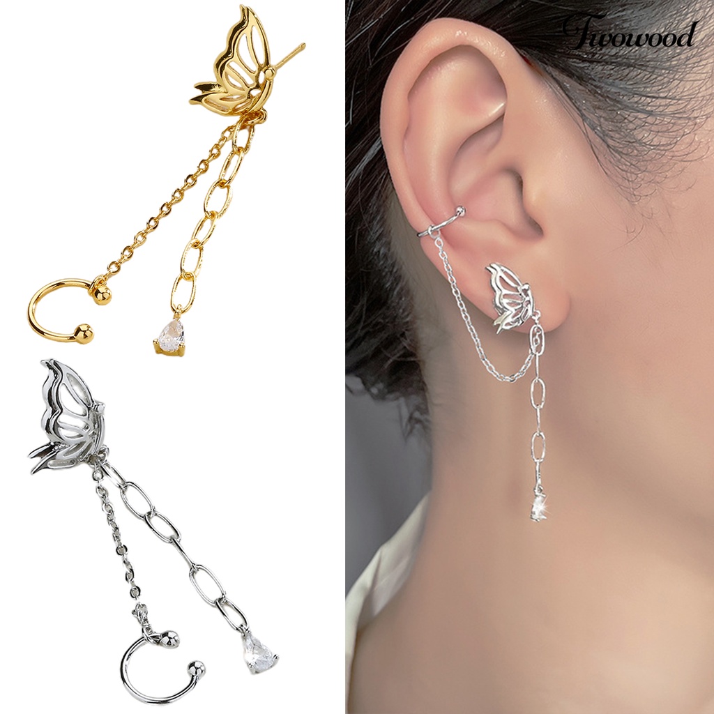 Twowood 1Pc Drop Earring Peri Temperamen One-piece Asimetris Gantung Rantai Dekorasi Gaya Korea Tulang Rawan Palsu Panjang Rumbai Telinga Manset Aksesoris Pakaian