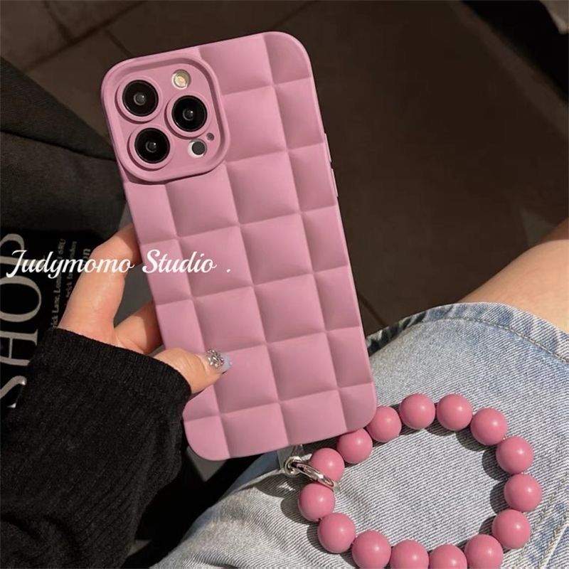 Casing Ponsel Lembut Motif Kotak-Kotak 3D Untuk iPhone 14 Pro Max13 12 11 Pro Max Xs Max Xr X Xs 7Plus 8Plus 6 6P Gelang Dengan Manik-Manik Casing Penutup Belakang