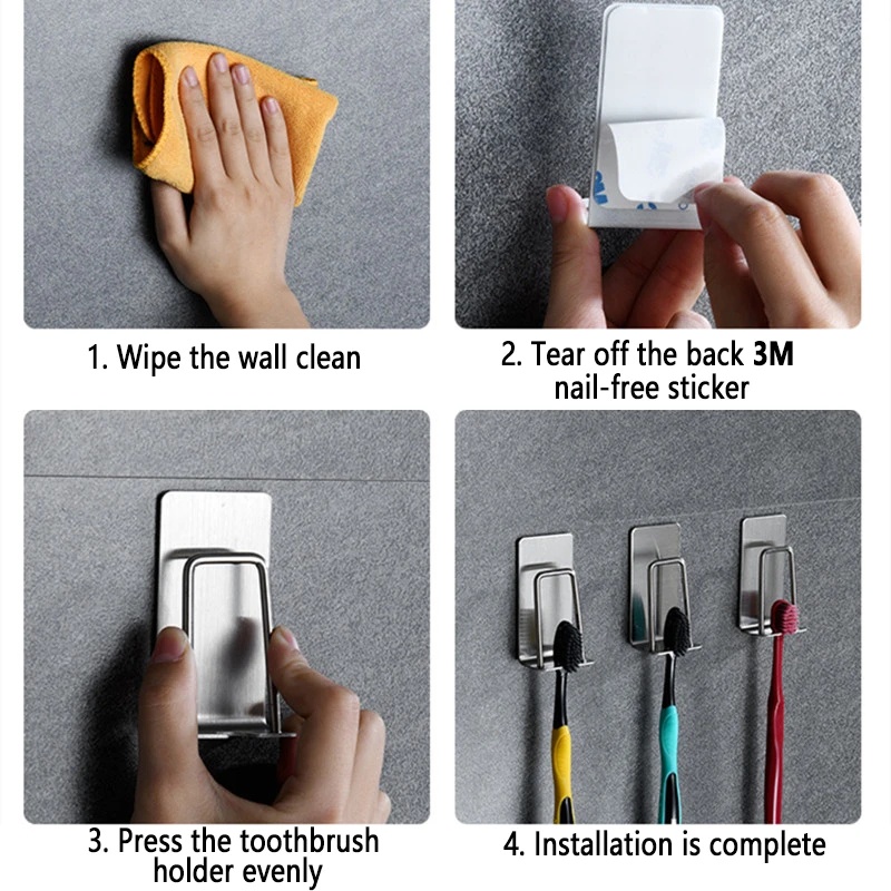 Home Stainless Steel Toothbrush Holder/Kait Penyimpanan Gantung Dinding/Door Storage Heavy Duty Self Adhesive Rack Hanger/Tempat Penyimpanan Topi Tas Jas/Rak Dinding Multifungsi