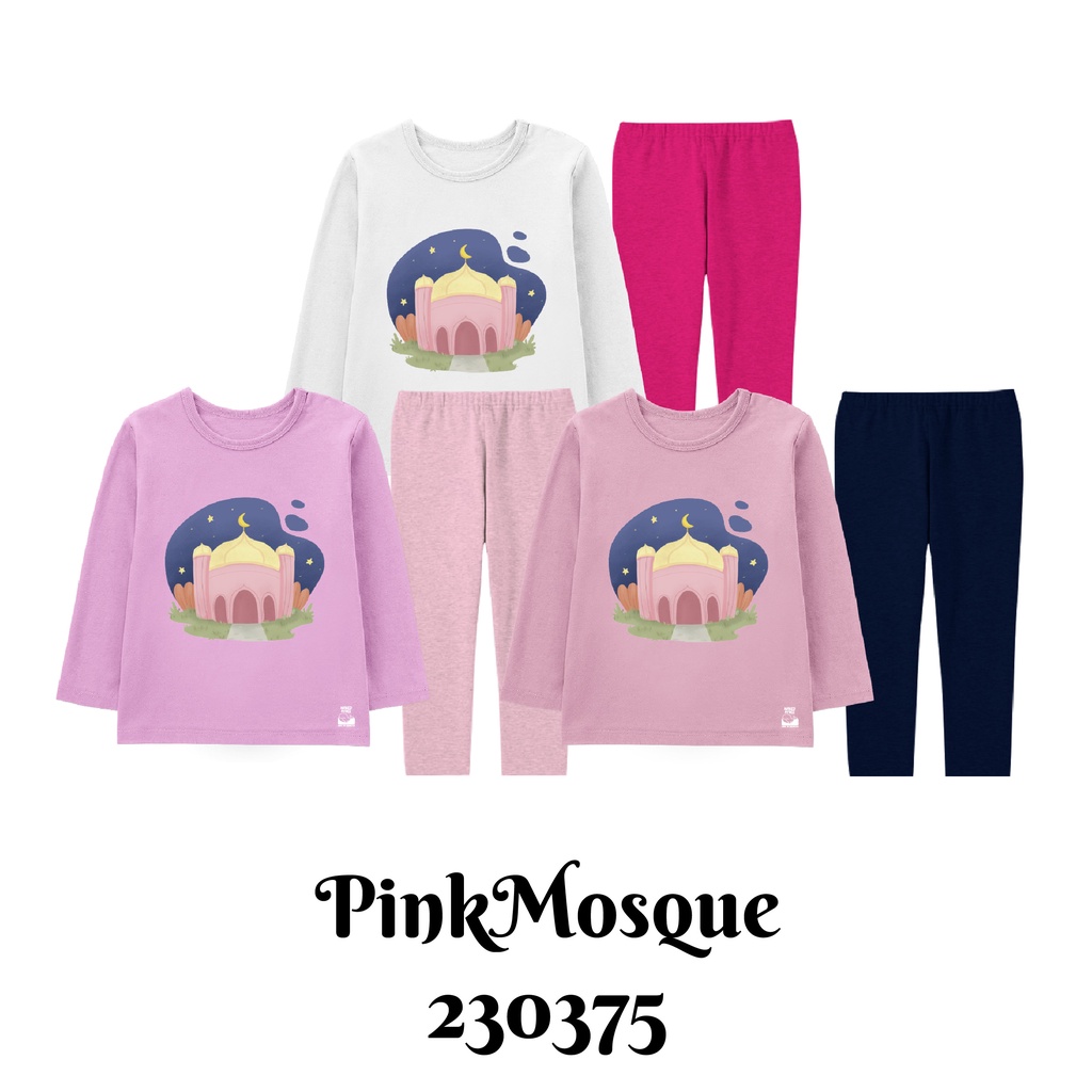 Baju Setelan Lengan Panjang &amp; Pendek Anak Muslim Pink Mosque Series Untuk Usia 2-8 Tahun Bahan Katun Combed