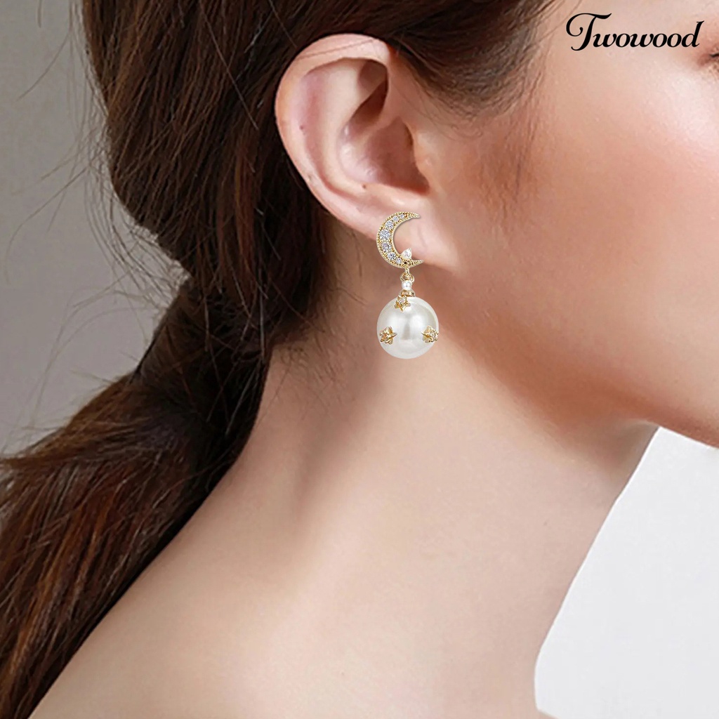 Twowood 1pasang Anting Menjuntai Shiny Asymmetric Ear Decoration Gaya Korea Anting Temperamen Mutiara Imitasi Bintang Dan Bulan Untuk Pacaran