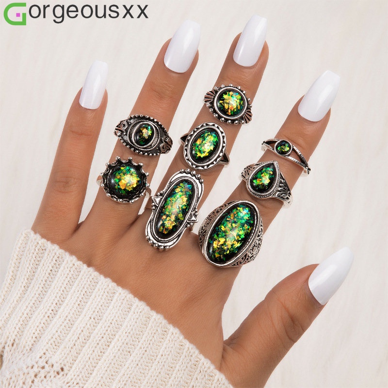 8pcs/set Cincin Kepribadian Vintage Baru Unisex Berlebihan Imitasi Opal Oval Charms Hadiah Jewlery Jari