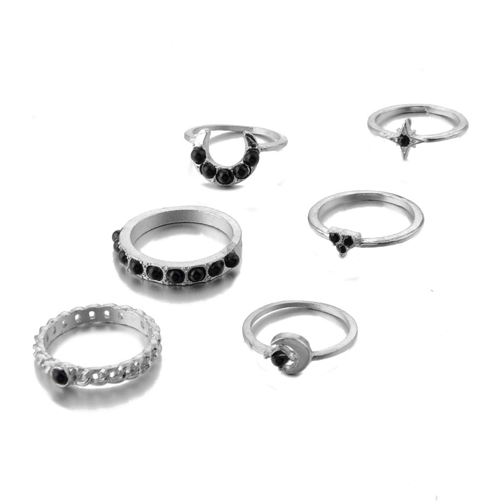 Temperamen Desain Rasa Retro Gaya Eropa Dan Amerika Set Dengan Cincin Permata Hitam, Cincin Bulan Bintang, 6-piece Set Cincin Cincin Gelang