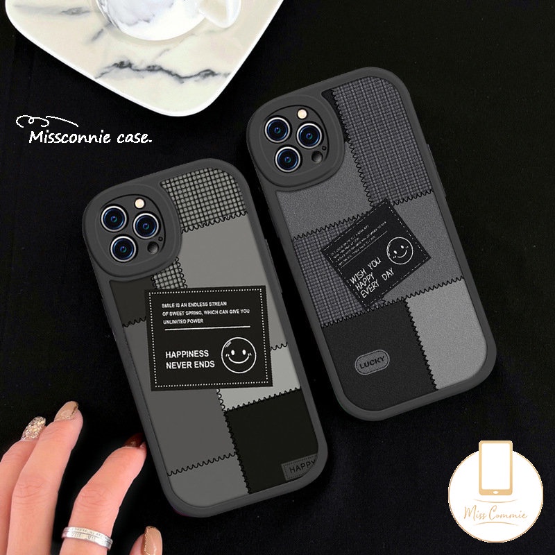 IPHONE Ins Label Hitam Soft Tpu Case Kompatibel Untuk Iphone11 12 14 13 Pro Max XR 7Plus X XS Max 6s 7 8 6 Plus SE 2020 Jahitan Smiley Lucu Pasangan Ponsel Cover