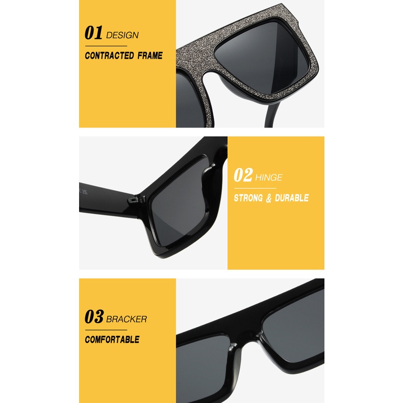 (YUZHU) Mode Barat Oversized Square Frame Sunglasses Wanita Glitter Pesta Kerai Kacamata Hitam