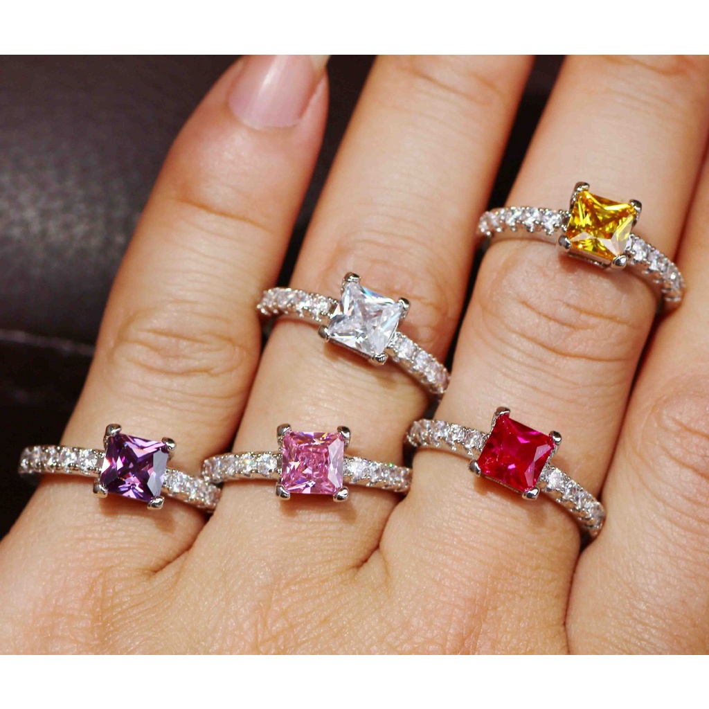 Goldkingdom Aksesoris Perhiasan Fashion Ready Stock Cincin Putri Berlian Persegi Cakar Empat Perempuan Kawin Sederhana Cincin Berlian Wanita Jepang Dan Korea