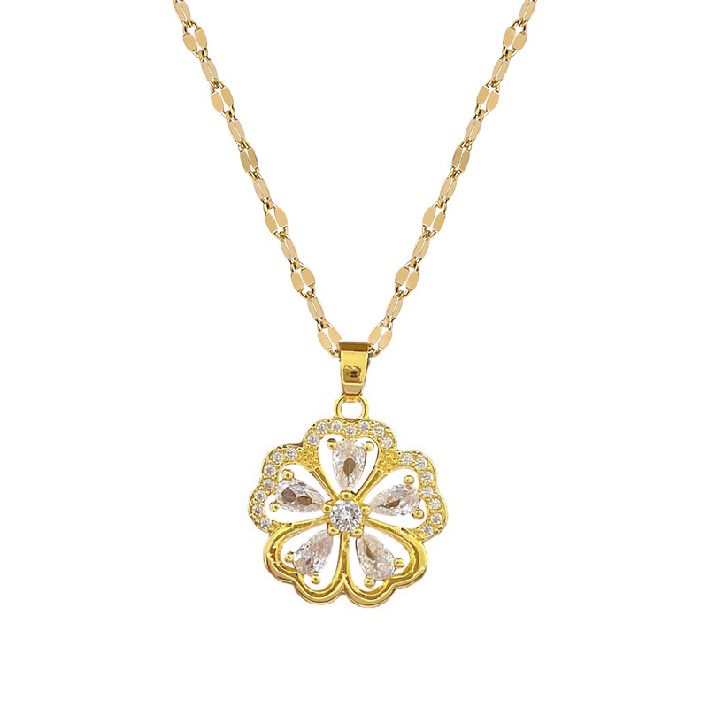 kalung titanium wanitat Full Diamond Flower Pendant Chain Titanium kalung