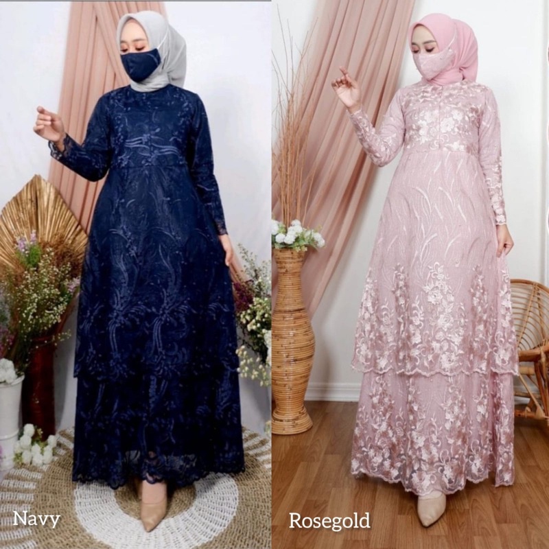 DAVINA (NEW PRODUCT) Free Masker/ Gamis Brukat Full/ Fashion Muslim Wanita/ Dress Busui / Gamis Layer Tingkat / Pesta Kondangan JUMBO XXXL