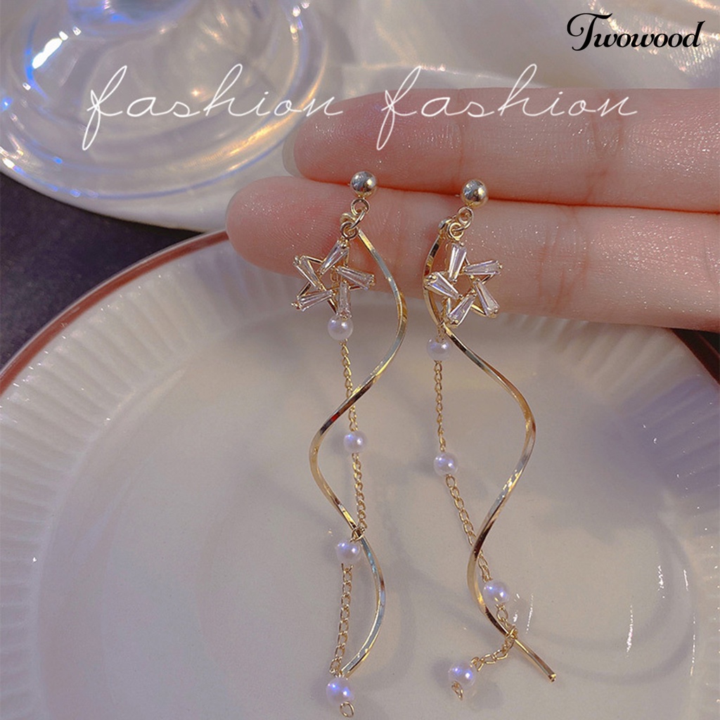 Twowood 1pasang Women Drop Earrings Shiny Star Mutiara Imitasi Panjang Rumbai Liontin Gaun Elegan Paduan Perhiasan Pesta Pernikahan Women Earrings Jewelry Hadiah Pakaian Pesta