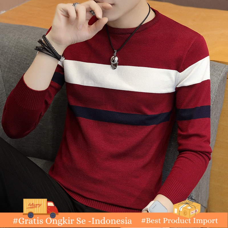Sweaters Pria Tipis Lengan Panjang Sweater Pullover Leher Bulat  Stripe Sweater Lengan Setengah T-sh