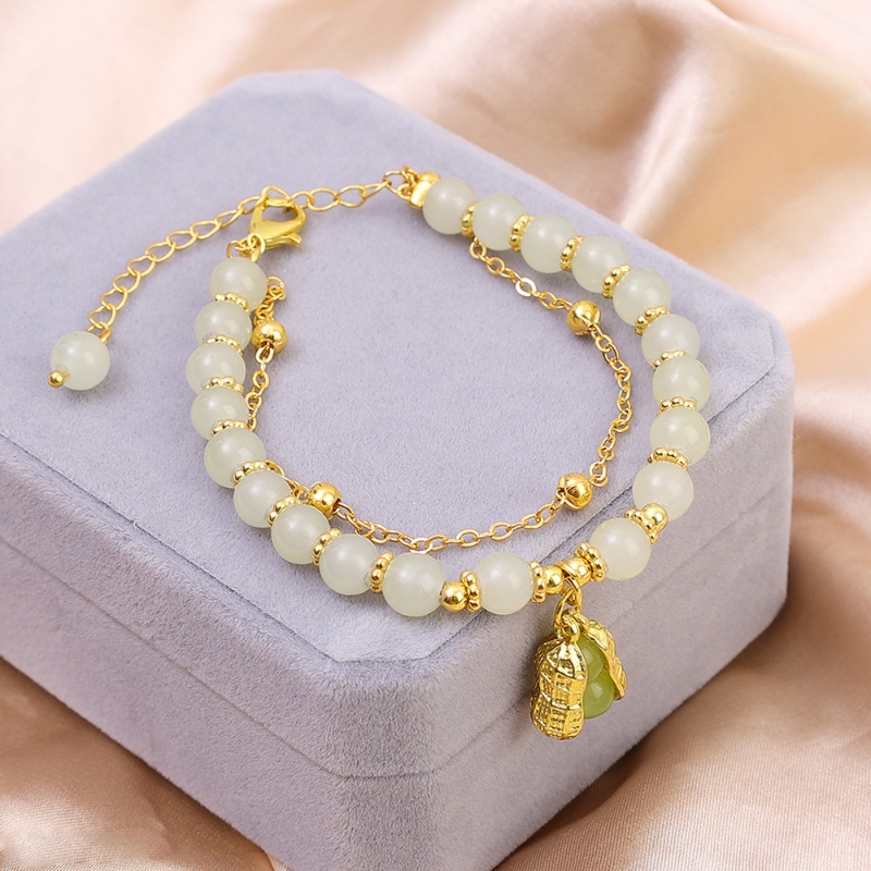 Gelang Rantai Ganda Kacang Elegan/Temperamen Imitasi Hetian Jade Bangle/Gaya Nasional Adjustable Strings Beaded Bracelet