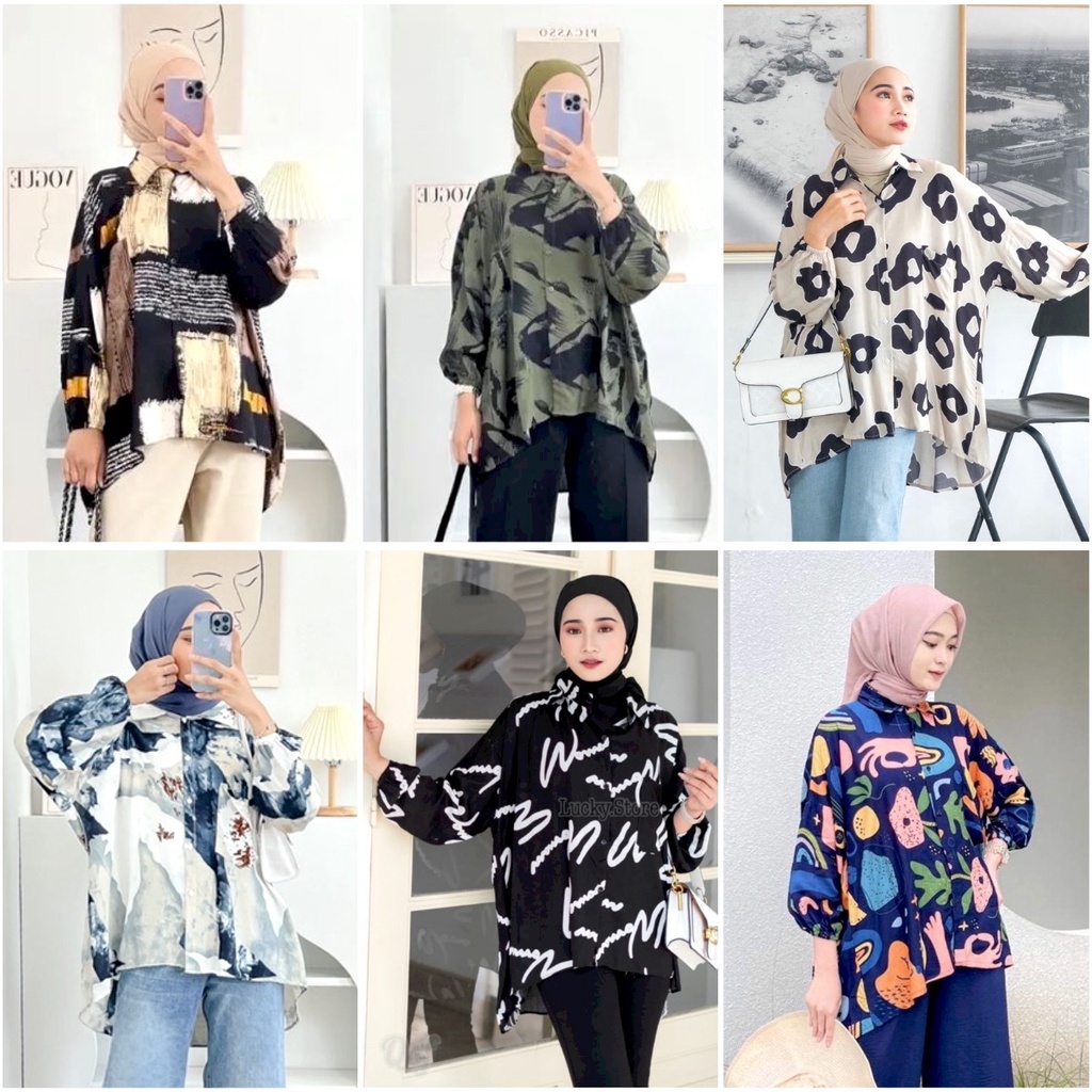 KEMEJA WANITA OVERSIZE | KEMEJA RAYON OVERSIZE MOTIF VANES LD 130 | KEMEJA JUMBO