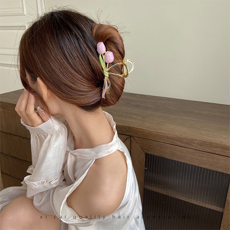 Modis Elegan Tulip Lily Bunga Alloy Rambut Cakar Jepit Rambut Aksesoris Rambut Wanita