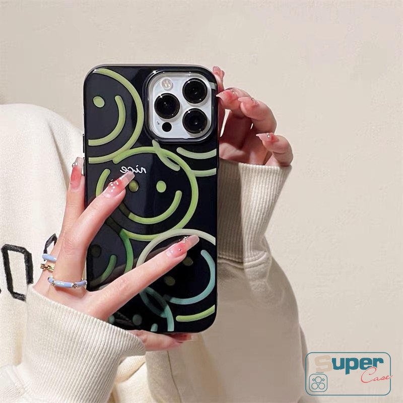 Ins Lucu Smiley Cinta Hati Halus Casing Ponsel Kompatibel Untuk IPhone 7Plus XR 13 14 11 12 Pro Max 7 8 Plus X XS Max SE 2020 Kartun Keren Hitam Kotoran Glossy Tahan Lembut Tpu Cover