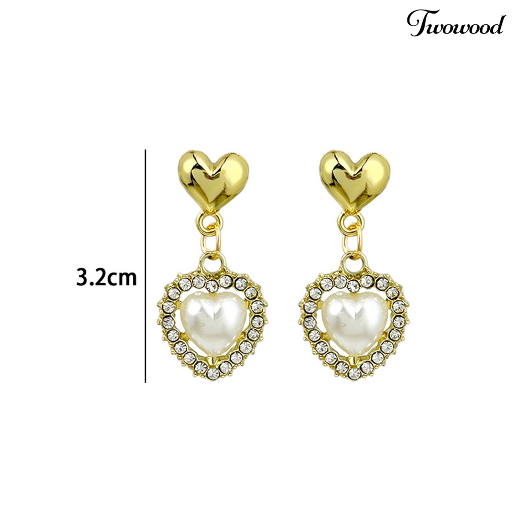 Twowood 1pasang Anting Pejantan Elegan Hadiah Fashion Perhiasan Berlian Imitasi Mengkilap Cinta Hati Mutiara Imitasi Menjuntai Anting Untuk Hari Valentine