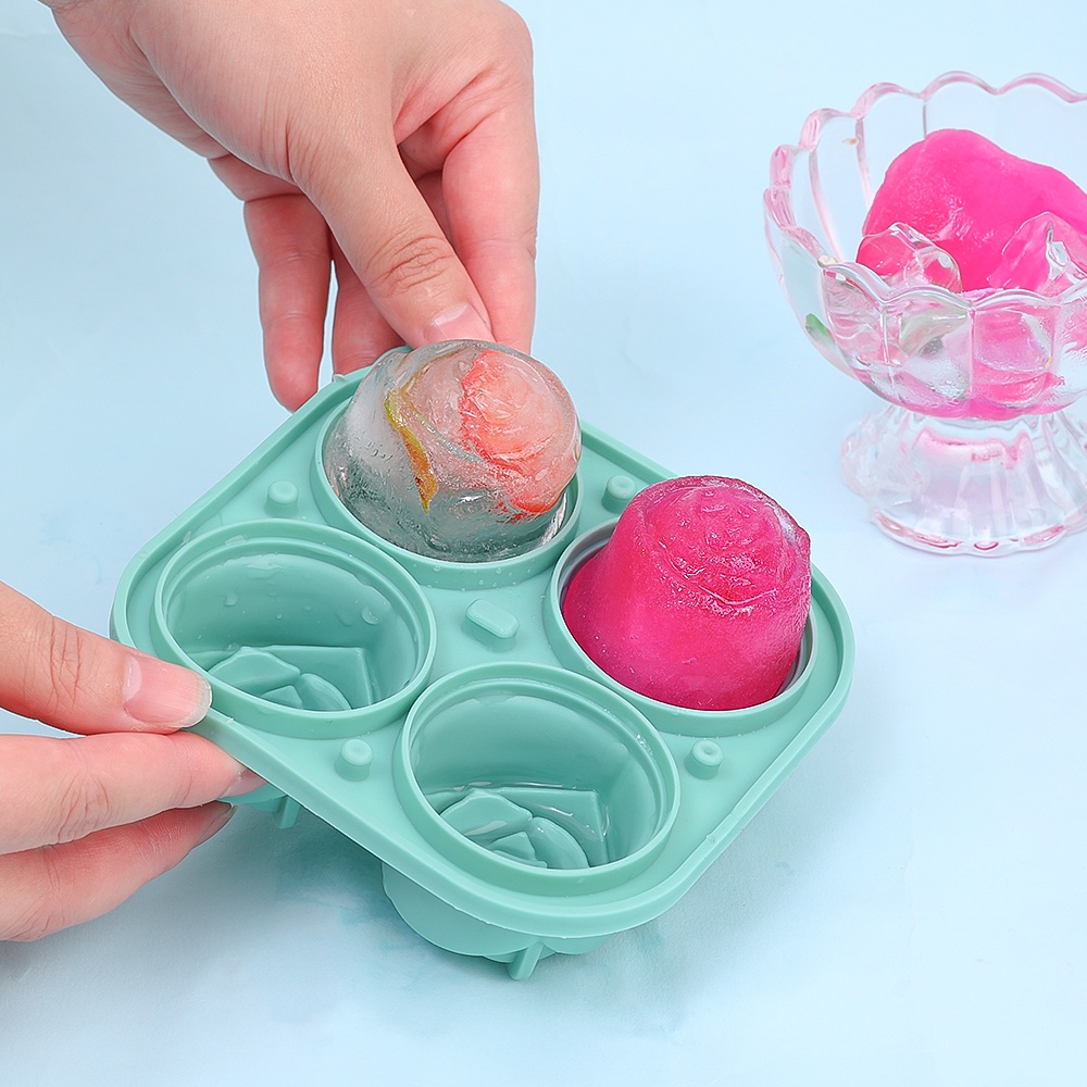 Aksesori Dapur Reusable Food Grade Silicone Mold 4rongga Buah Yoghurt Whisky Ice Mold Alat Pembuat Es Krim Ice Cream Besar Untuk Es Batu Dengan Tutup Bentuk Bunga Mawar Ice Ball Tray