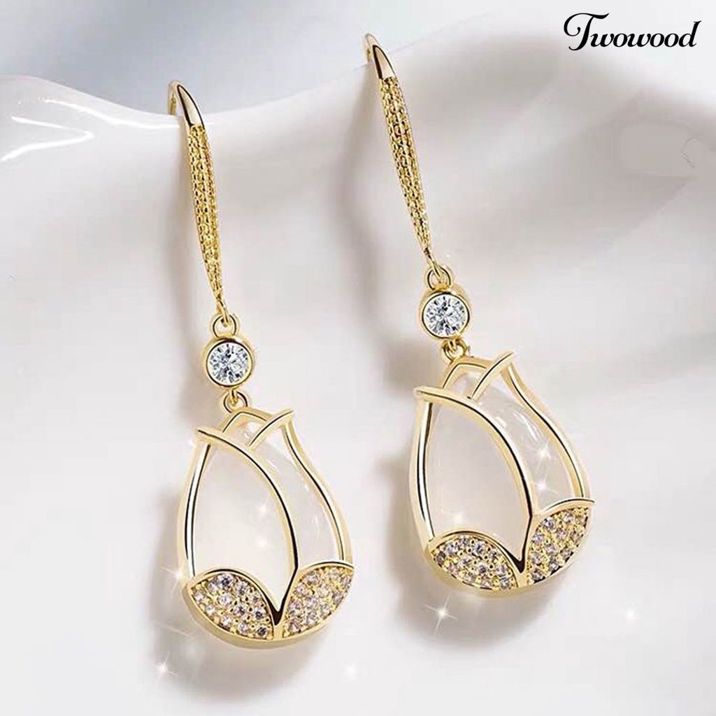 Twowood 1pasang Liontin Anting Tulip Liontin Bersinar Berlian Imitasi Inlay Geometris High-end Berdandan Hypoallergenic Mewah Wanita Cubic Zirconia Bunga Telinga Kait Perlengkapan Kostum