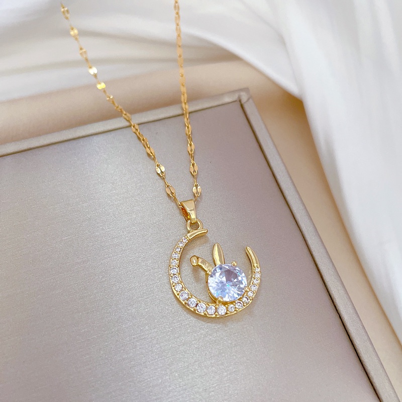 Kalung Titanium Asli Wanita Anti Karat Emas 18K Moon Rabbit Aksesoris