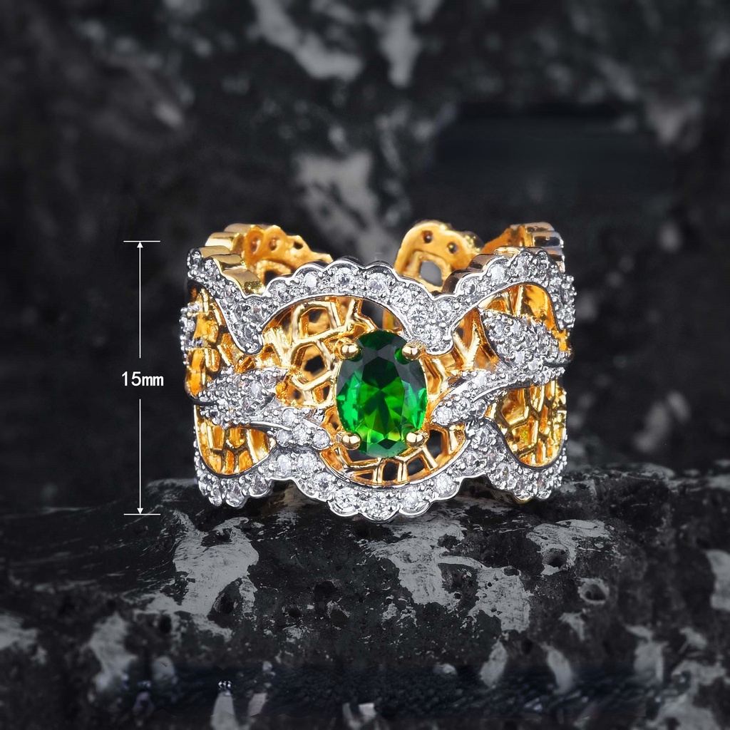 Goldkingdom Aksesoris Perhiasan Fashion Ready Stock Italia Gaya Pengadilan Dilubangi Pola Dua Warna Emas Gaoding Perhiasan Sedang Renda Kuno Imitasi Zamrud Dove Telur Cincin