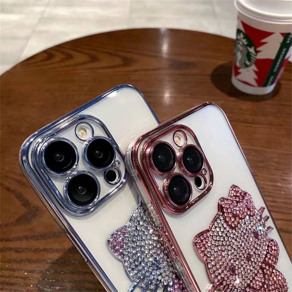 Berlian Mewah 3D Hello Kitty case iphone 14 pro Max14 plus case iphone 13 12 pro max Perlindungan Kamera Lensa Berlapis bezel Bening Perlindungan shock TPU soft back cover