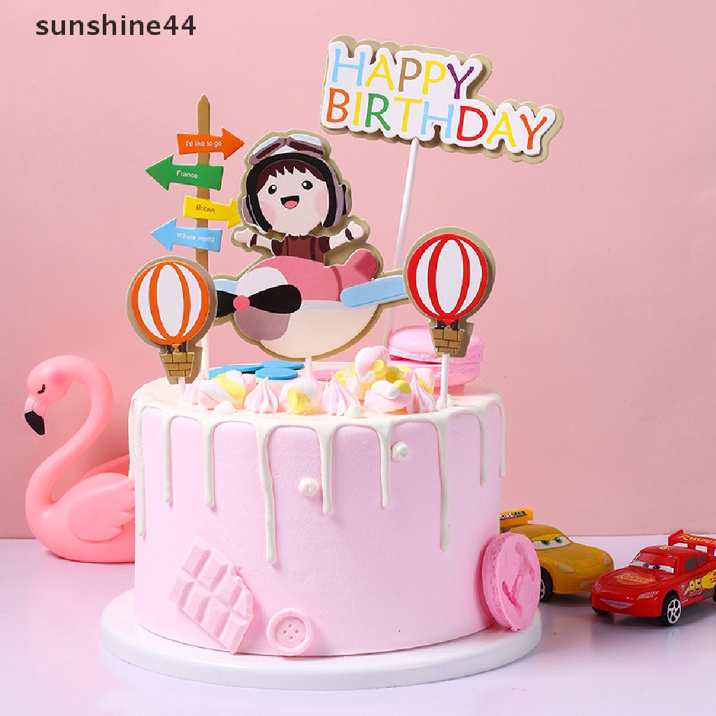 Sunshine Happy Birthday Cake Topper Pilot Pesawat Mobil Pohon Awan Anniversaire Decor Flag ID