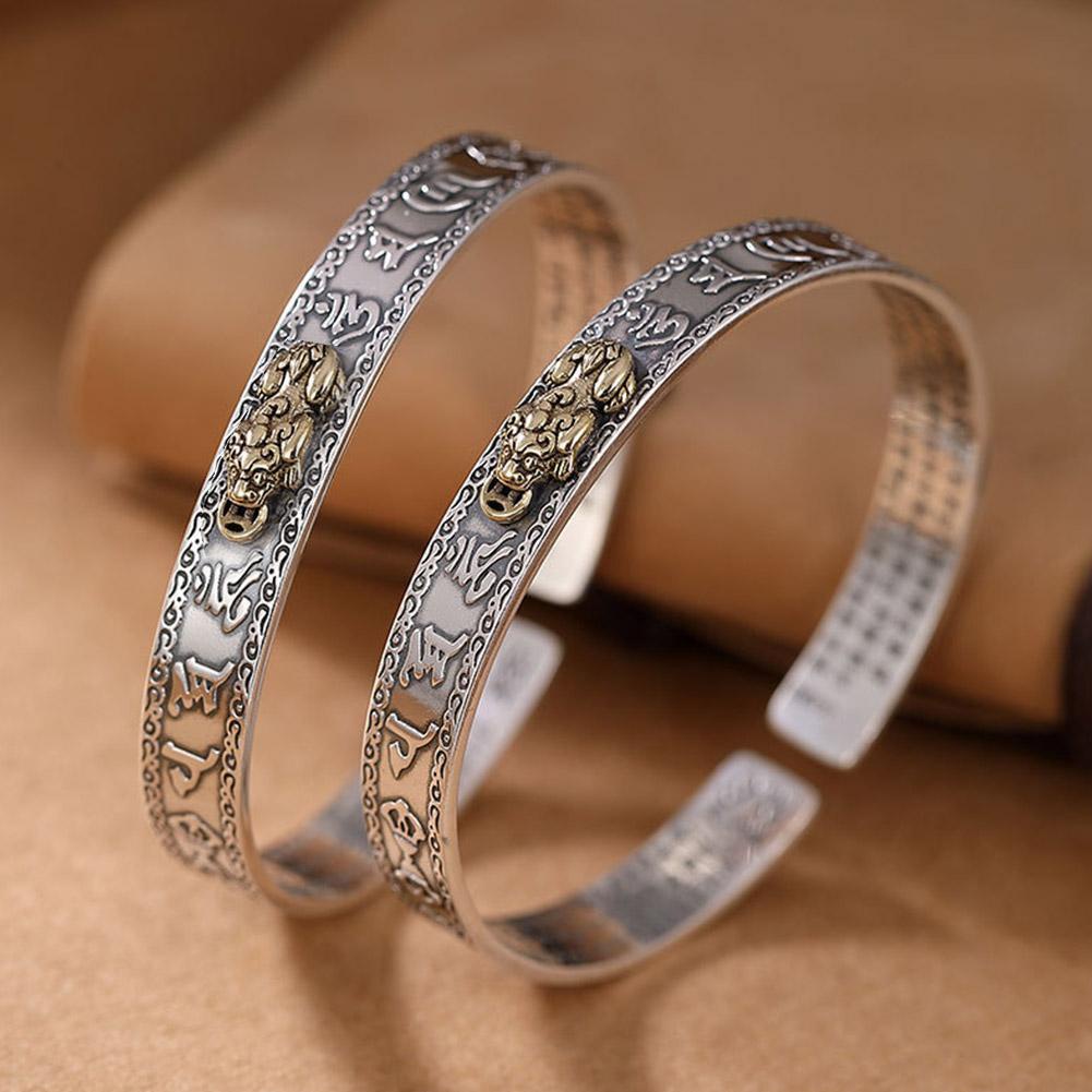 Vintage Perak Pembukaan Adjustable Lucky Bangle Pixi Gelang Dengan Enam Karakter Kenyataan Untuk Menarik Kekayaan Dan Berkah Mengirim Pria Dan Wanita Teman Liburan Hadir Perhiasan