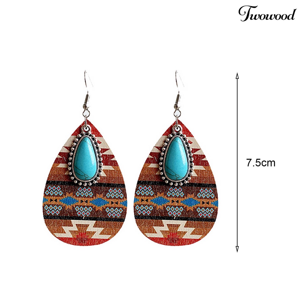 Twowood 1pasang Menjuntai Anting Bohemian Retro Gaya Etnik Imitasi Turquoise Pola Aztec Berdandan Hadiah Wanita Tetesan Air Liontin Anting Boho Perhiasan