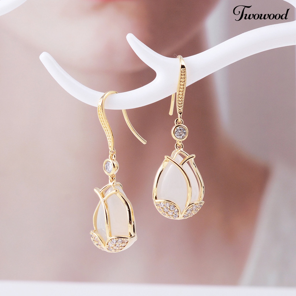 Twowood 1pasang Liontin Anting Tulip Liontin Bersinar Berlian Imitasi Inlay Geometris High-end Berdandan Hypoallergenic Mewah Wanita Cubic Zirconia Bunga Telinga Kait Perlengkapan Kostum