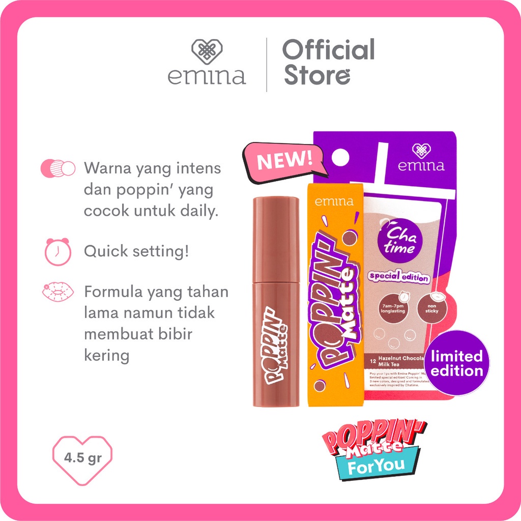 Emina Poppin' Matte x Chatime Edition 4.5 g - Lip Matte Transferproof, Long-Lasting
