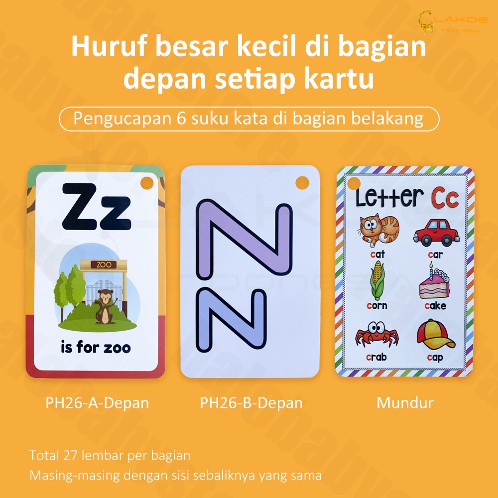 Lakoe Mainan Flashcard Huruf anak bayi/Edukasi Kartu Pintar Abjad Anak waterproof