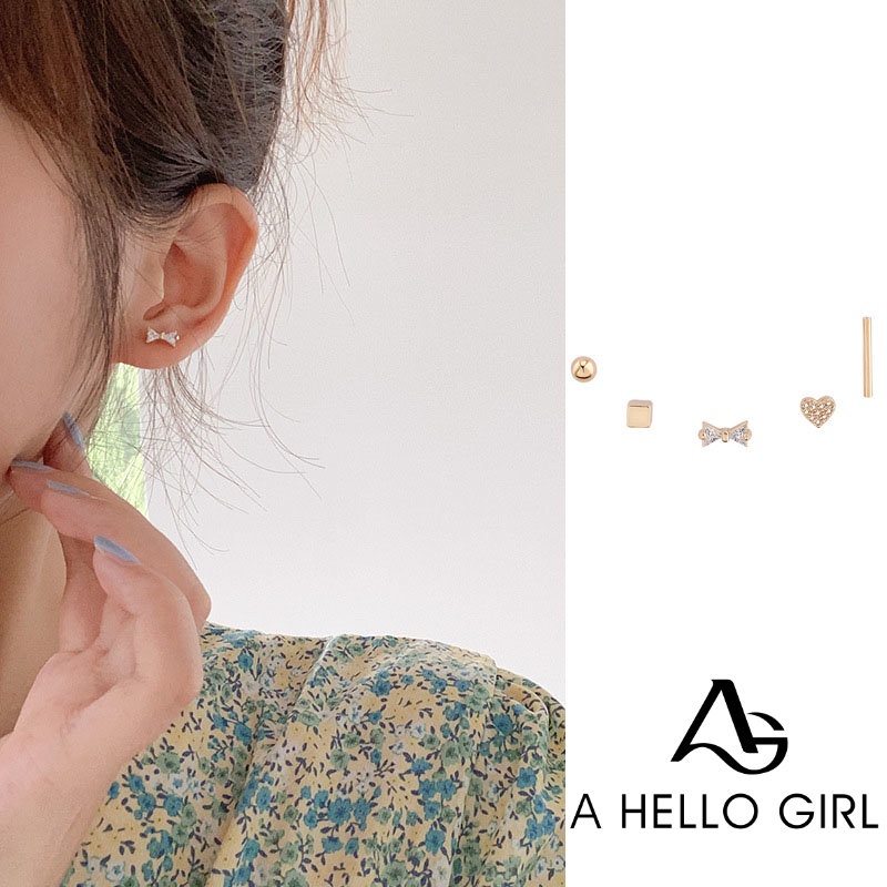 5pcs / Set Anting Zircon Kecil Bahan S925 Silver Needle Gaya Korea Untuk Wanita