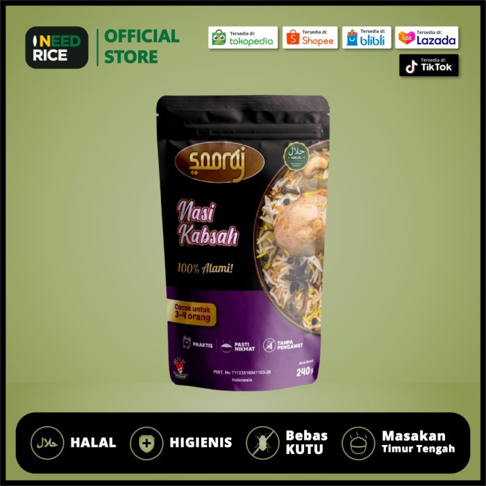 

Terlaris ✨ -Sooraj Nasi Kabsah Instant 240gr Beras Basmati+Bumbu Siap Masak-HALAL- 2.2.23