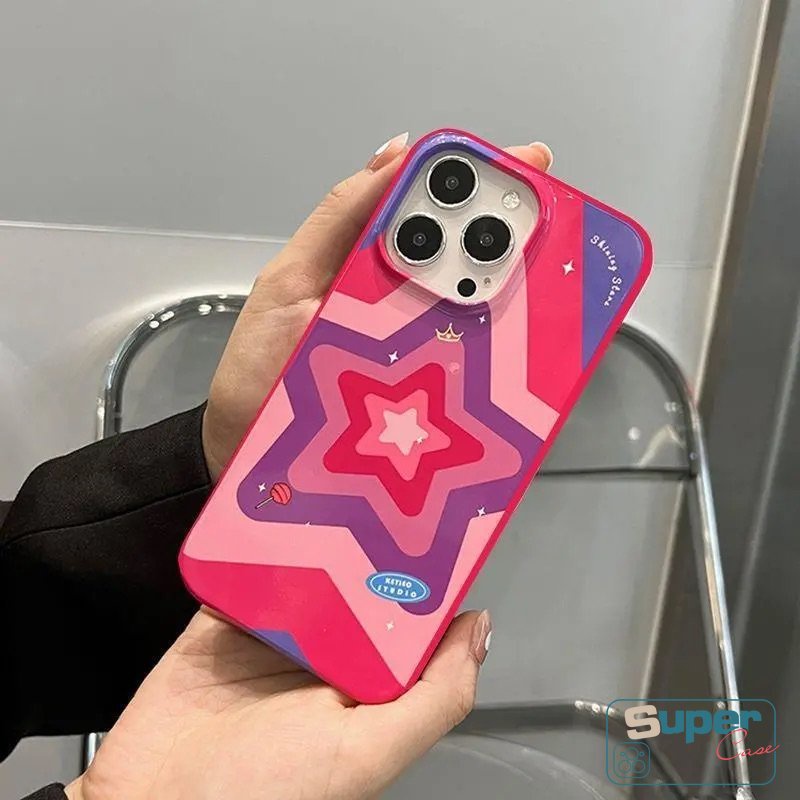 Ins Rose Red Gradient Star Love Heart Glossy Phone Case Kompatibel Untuk IPhone XR X 7Plus 11 13 14 12 Pro Max XS Max8 7 Plus SE 2020 Perlindungan Kamera Shockproof Soft Cover