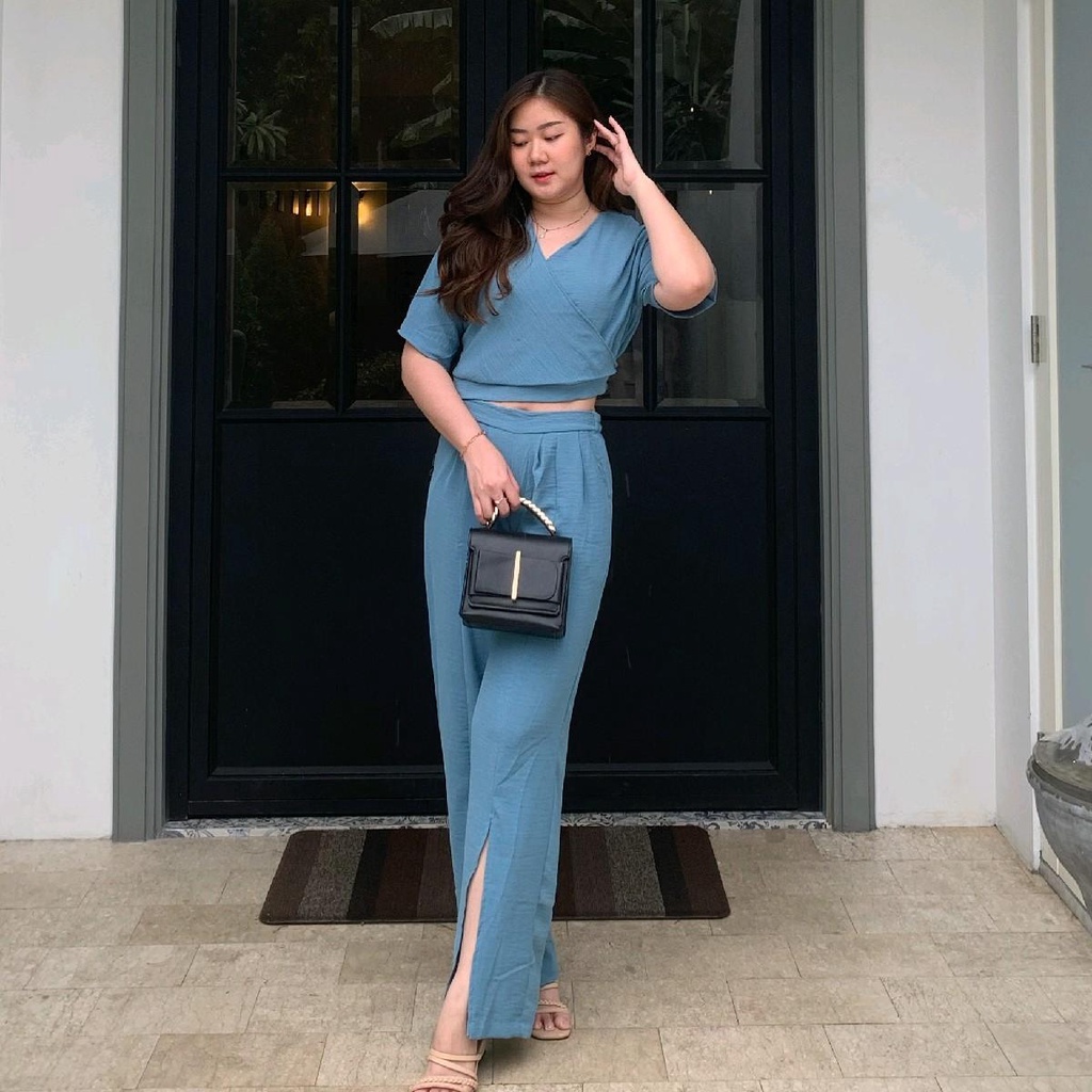 AVE Airin Set Crinkle Crop Lengan Pendek Cullot Panjang/Oneset Wanita