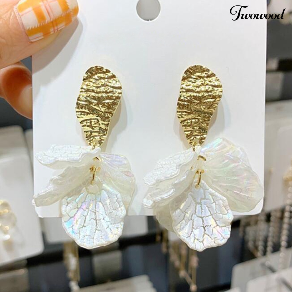 Twowood 1pasang Drop Earrings Kelopak Bunga Liontin Berlebihan Electroplating Kresek Shell High Gloss Berdandan Fashion Item Trendi Wanita Menjuntai Anting Perlengkapan Kostum