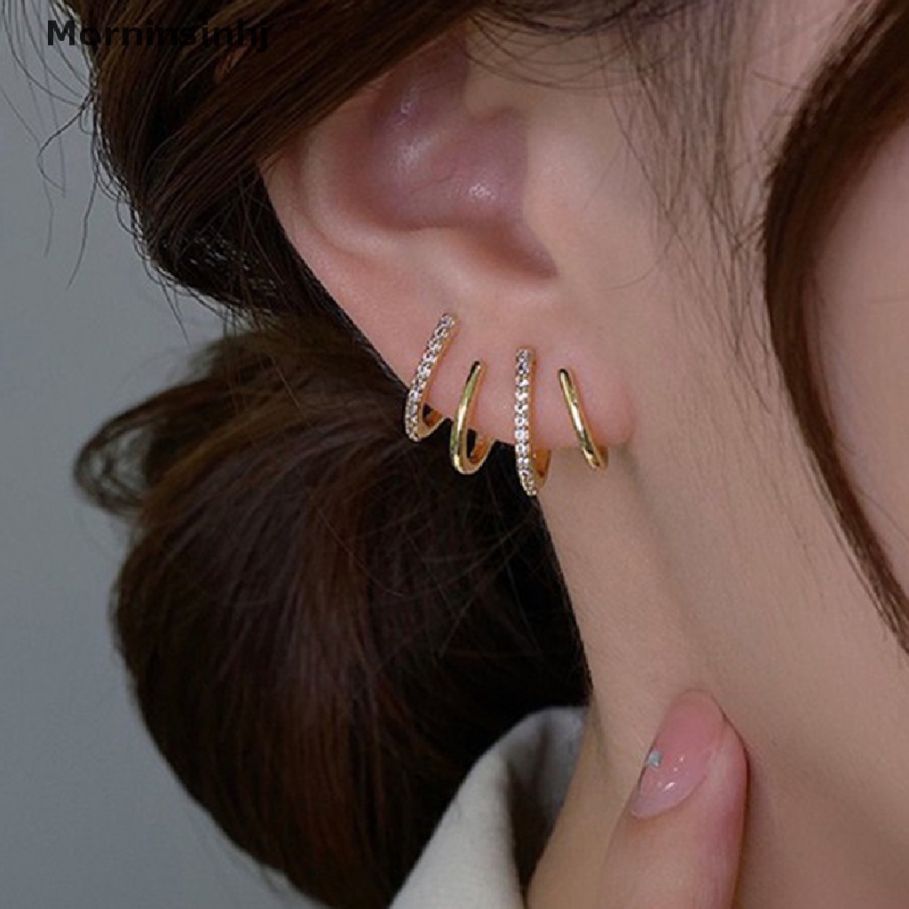 Mornin Berlian Imitasi Empat Cakar Baris Anting Perempuan Sederhana Korea Shiny Earrings Party id