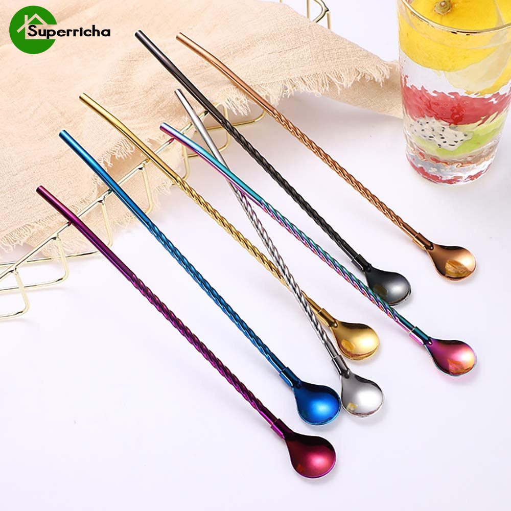 Hot Sale/2In1 Sendok Sedotan Stainless Steel Sendok Pengaduk Minuman Rumah Gagang Panjang Sendok Kopi Dessert Sedotan Ulir Bulat Reusable Straw Tableware