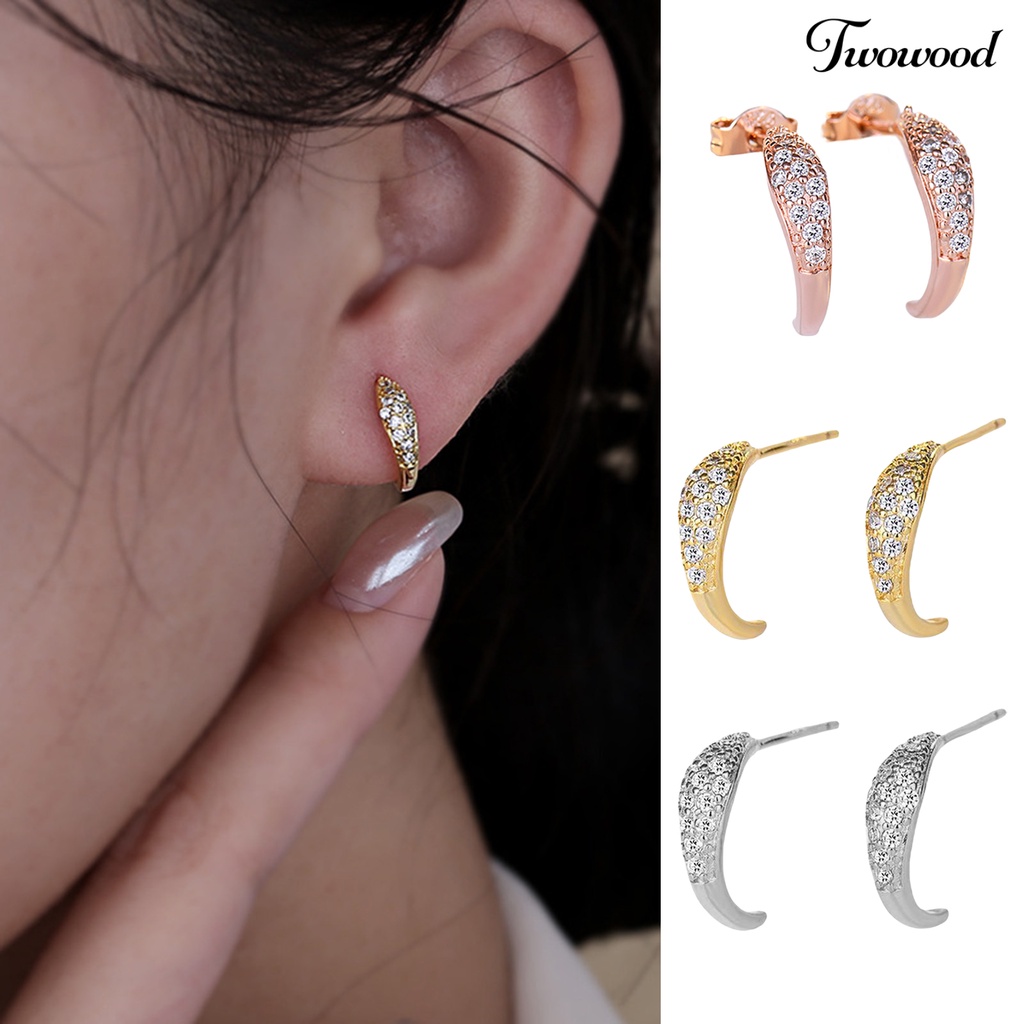 Twowood 1pasang Ear Studs Super Shiny Full Rhinestones Sparkling Geometric Electroplating Hias Hadiah Wanita Bulan Sabit Stud Earrings Perhiasan Untuk Pacaran