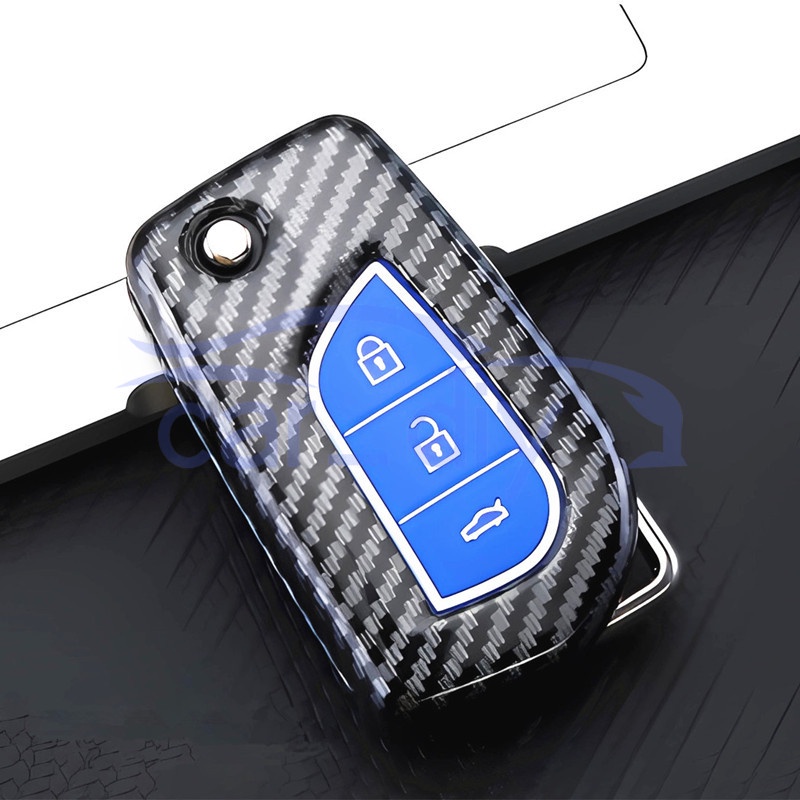 Carbon Fiber ABS Key Case Cover Remote Mobil Fob Dengan Gantungan Kunci Untuk Toyota Hilux Revo Innova Rav4 Fortuner Pelindung Shell